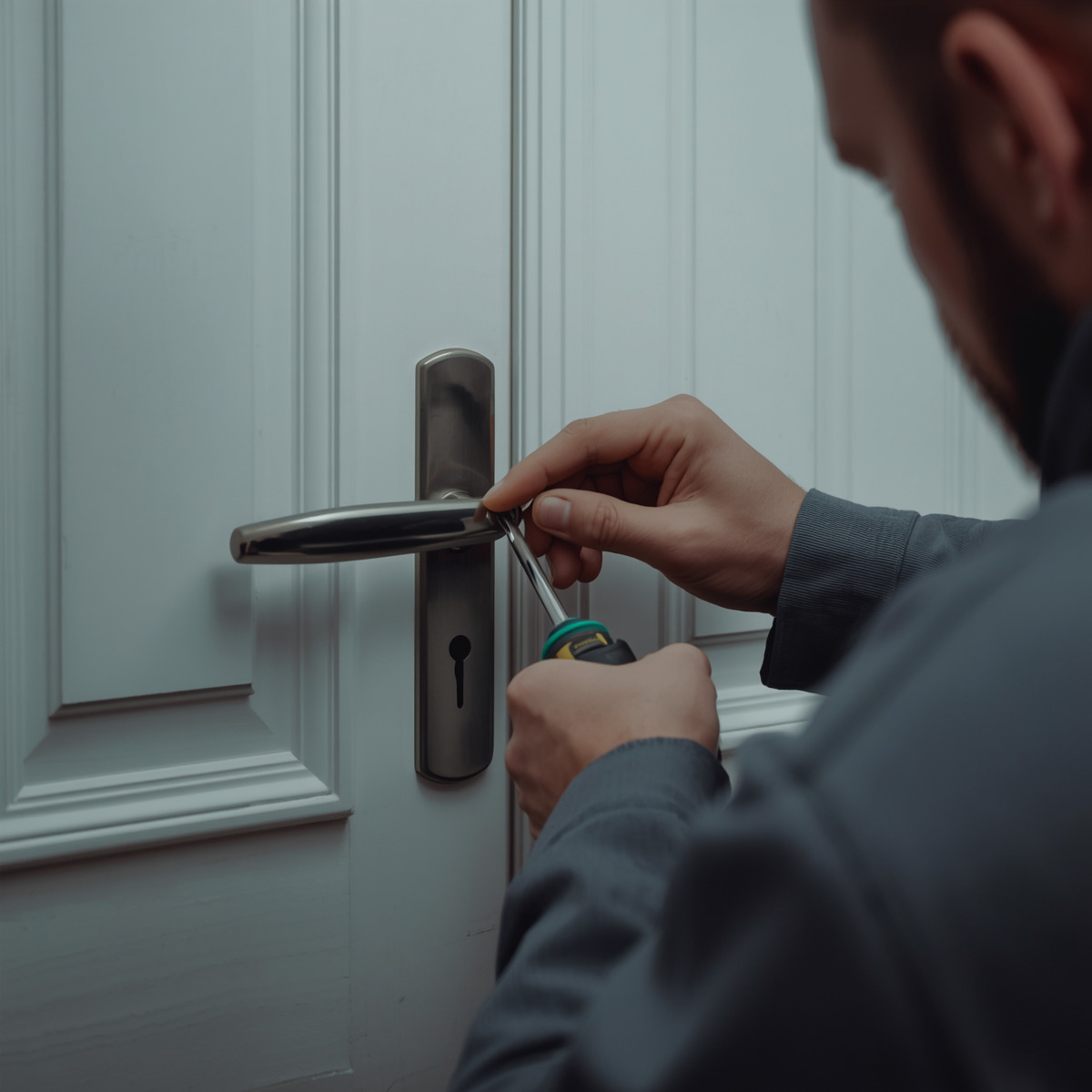 Cerrajero en Tegueste, Tenerife, cambiando el bombín de una puerta de vivienda